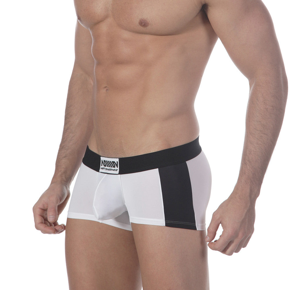 White and black athletic briefs with bold vertical stripe and minimo branded waistband from MetroMaleWear