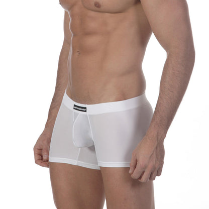 White mens boxer briefs with sheer form fitting design and black MetroMaleWear label on waistband MetroMaleWear Minimo Waistband Boxer White 2033-00