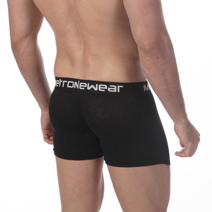 Black mens boxer briefs with white metronewear logo band made of pima cotton for comfortable everyday wear