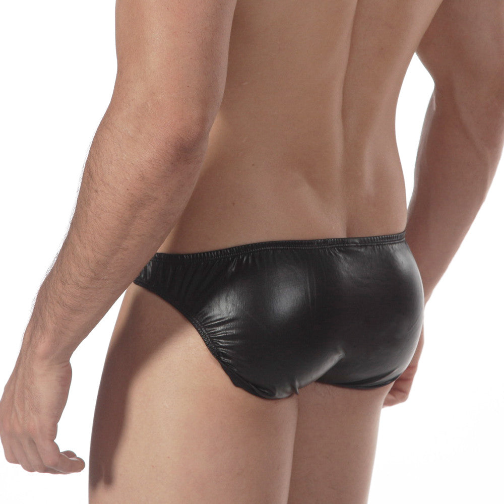 MetroMalewear black shiny faux leather briefs front view showcasing sleek and modern design for stylish wear
