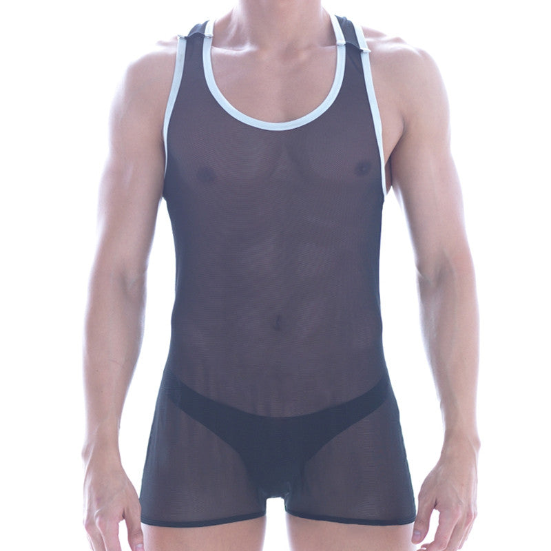 MetroMaleWear mesh contrast wrestler black sheer mesh tank top with white trim around neckline and armholes