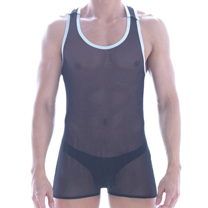 MetroMaleWear mesh contrast wrestler black sheer mesh tank top with white trim around neckline and armholes