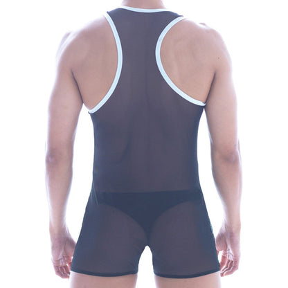 MetroMaleWear mesh contrast wrestler black sheer mesh singlet with white trim on shoulder straps and waistband