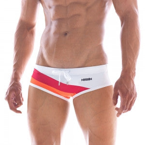 MetroMaleWear wave swim brief white 4918-00 featuring white fabric with a vibrant red orange yellow striped waistband