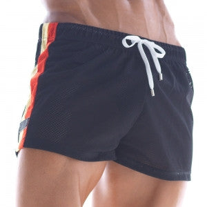MetroMaleWear soccer swim short black with white drawstring orange side stripe in breathable mesh material