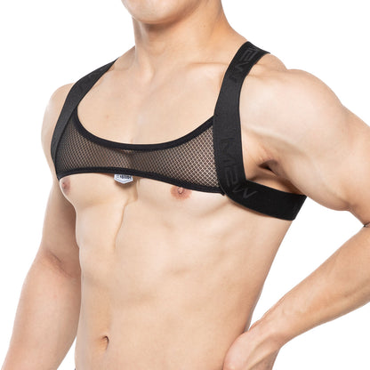 Black mesh sports bra with adjustable shoulder straps and branded tag from metromalewear tank top harness black 1500-20