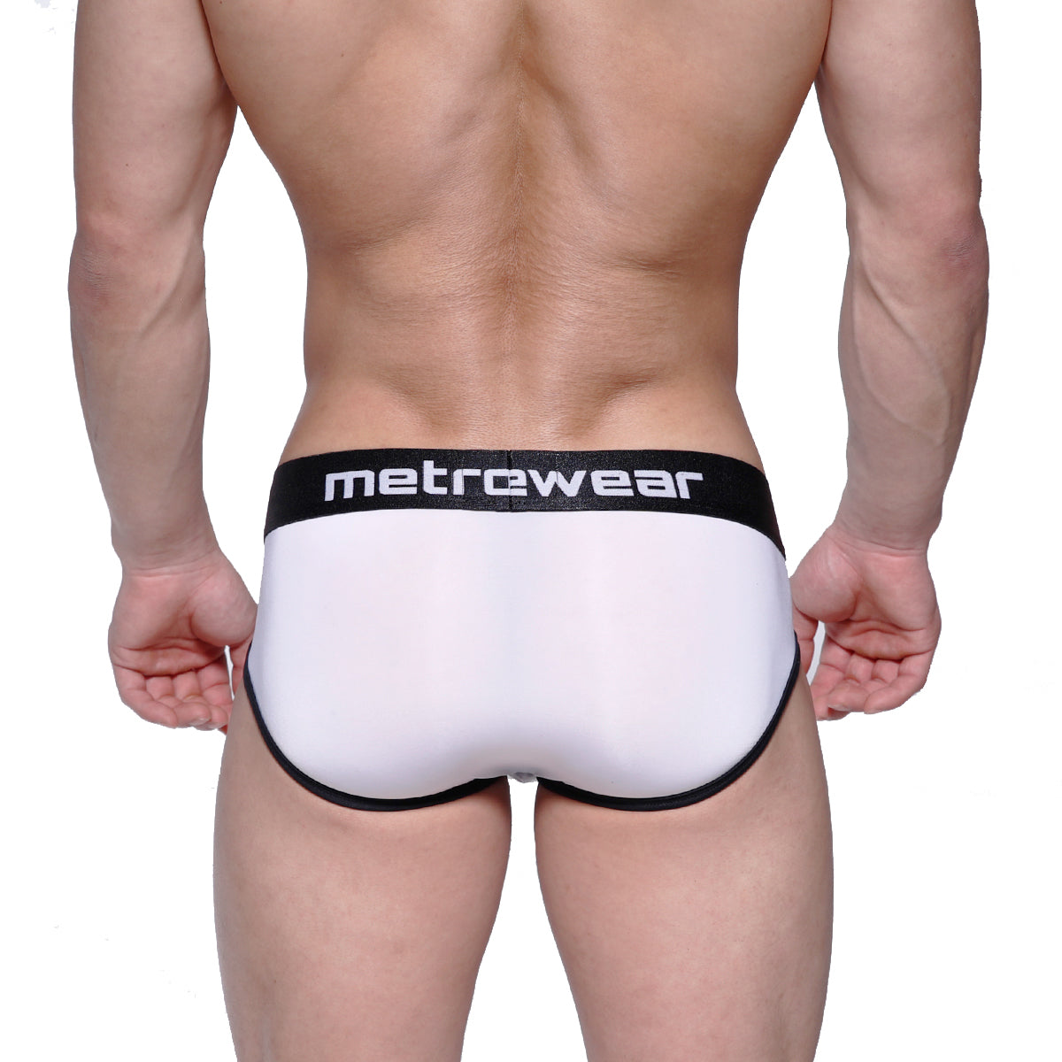 MetroMaleWear max bulge brief white with black trim and waistband showcasing a supportive design in breathable fabric