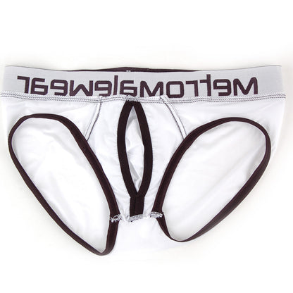White mens briefs with black trim and mellowear logo on waistband metro malewear max bulge brief white 1503-00