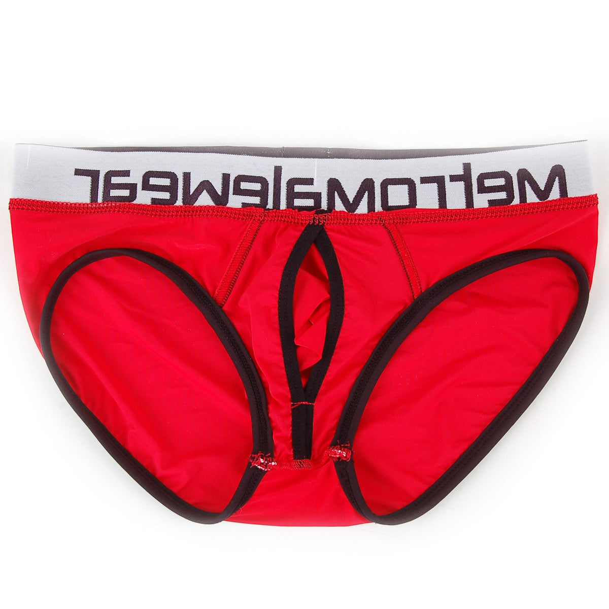 Red metro male wear max bulge briefs with black trim and white waistband featuring meltrowe branding