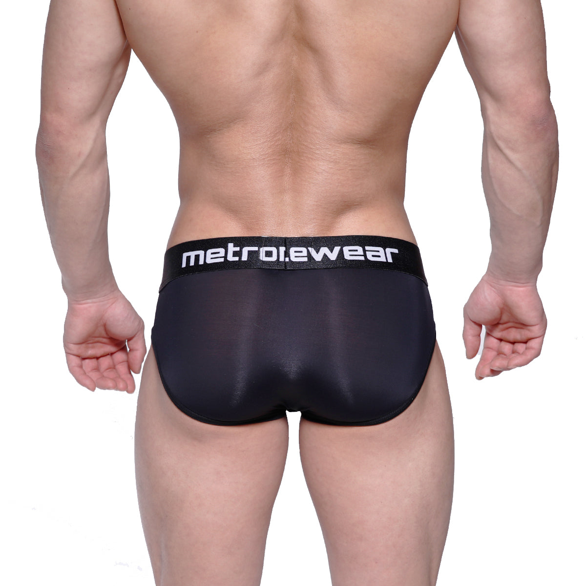 Black metro.ewear briefs with a sleek form-fitting design and subtle sheen for enhanced comfort and style