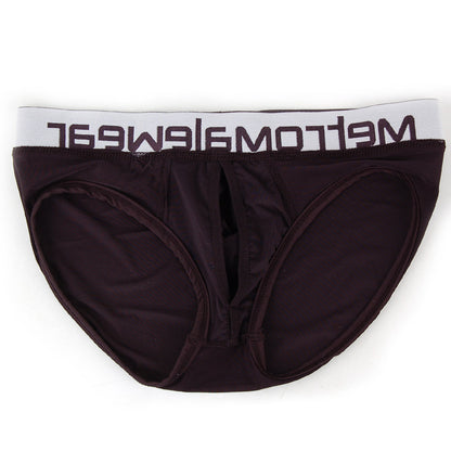 Black mens briefs with white elastic waistband featuring meltomwear logo in black metroMaleWear max bulge brief