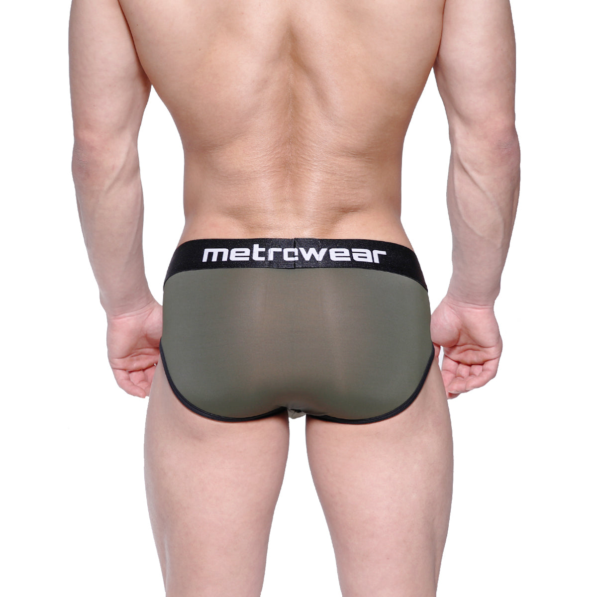 Olive green sheer mesh metrowear briefs with black elastic waistband metroMalewear max bulge brief 1503-26