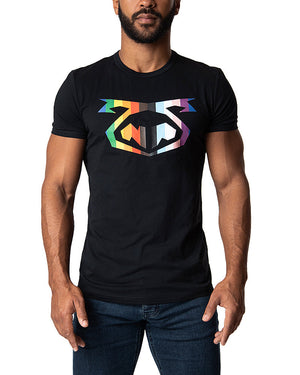 A black crew-neck t-shirt featuring a stylized pig snout logo printed on the chest in rainbow pride flag colors.