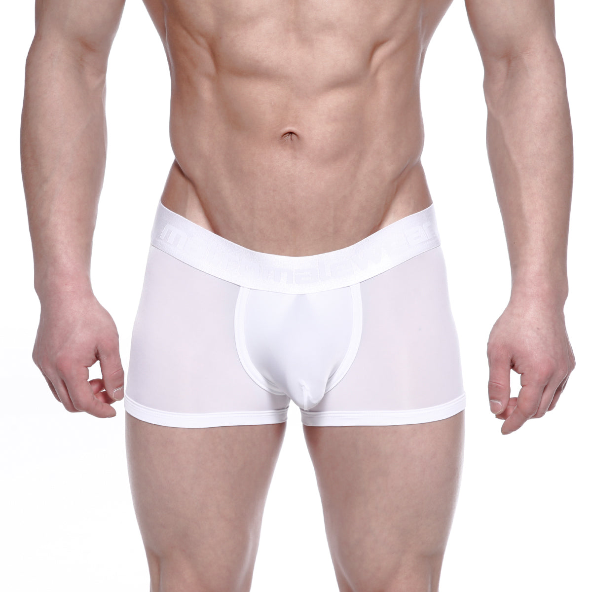 White sheer metro male wear max bulge boxer brief with solid white waistband and leg openings