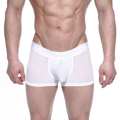 White sheer metro male wear max bulge boxer brief with solid white waistband and leg openings