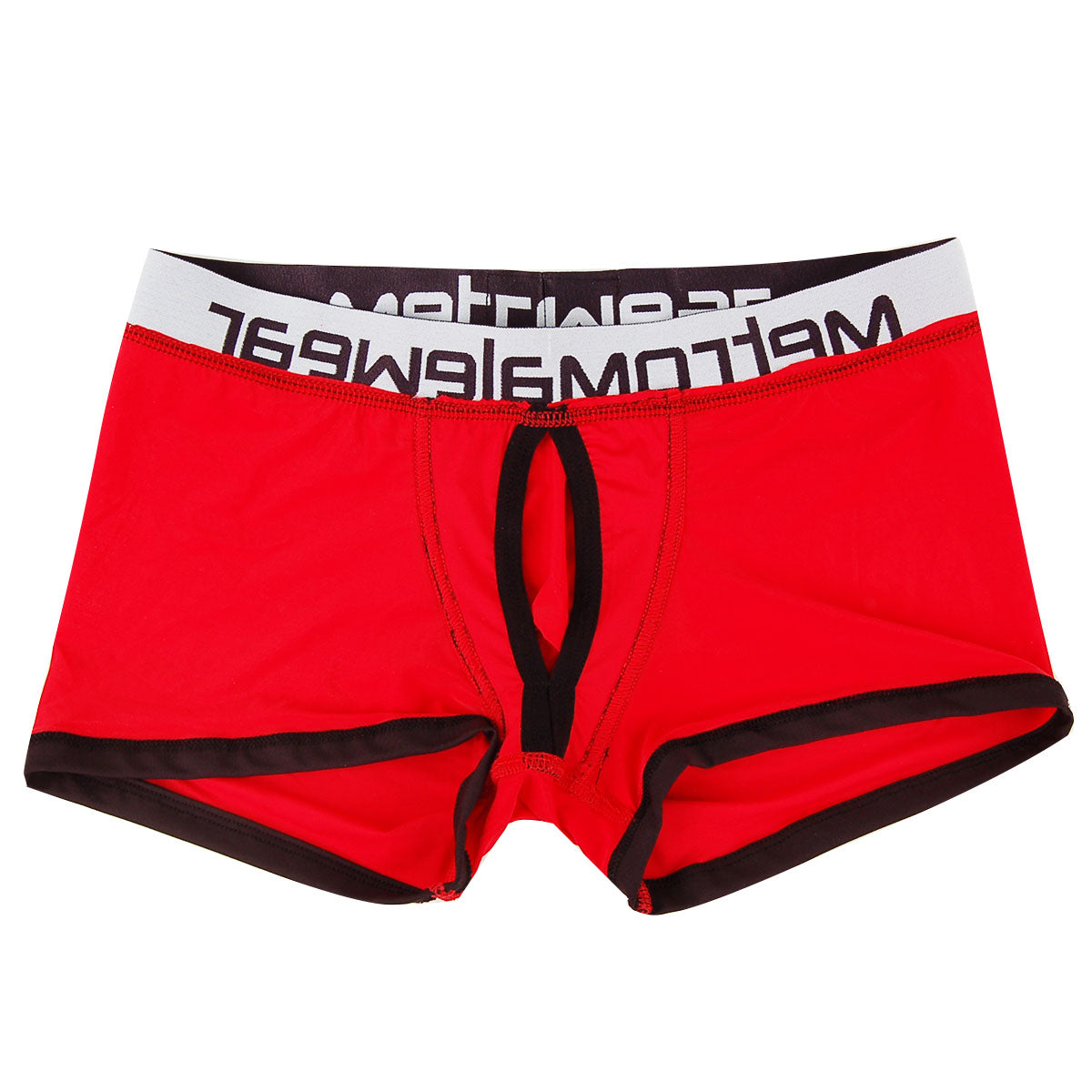 Red men’s briefs with black trim and white waistband featuring meltomg logo from metromalewear max bulge boxer brief 1513-12