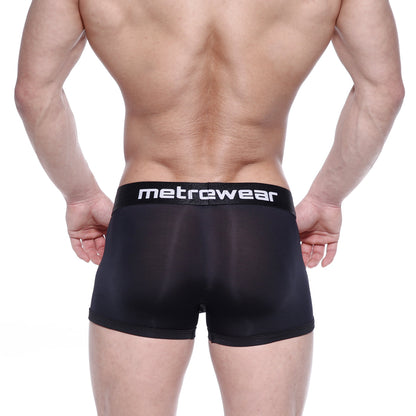 MetroMaleWear Max Bulge boxer brief black mesh briefs with black elastic waistband featuring metrewear logo