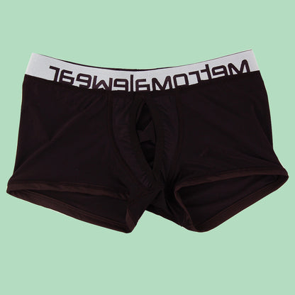 Black mens briefs with a white elastic waistband branded meltomagwear from metromalewear max bulge boxer brief black 1513-20