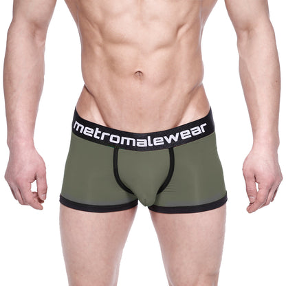 Olive green metro male wear max bulge boxer briefs with black trim and branded waistband for men