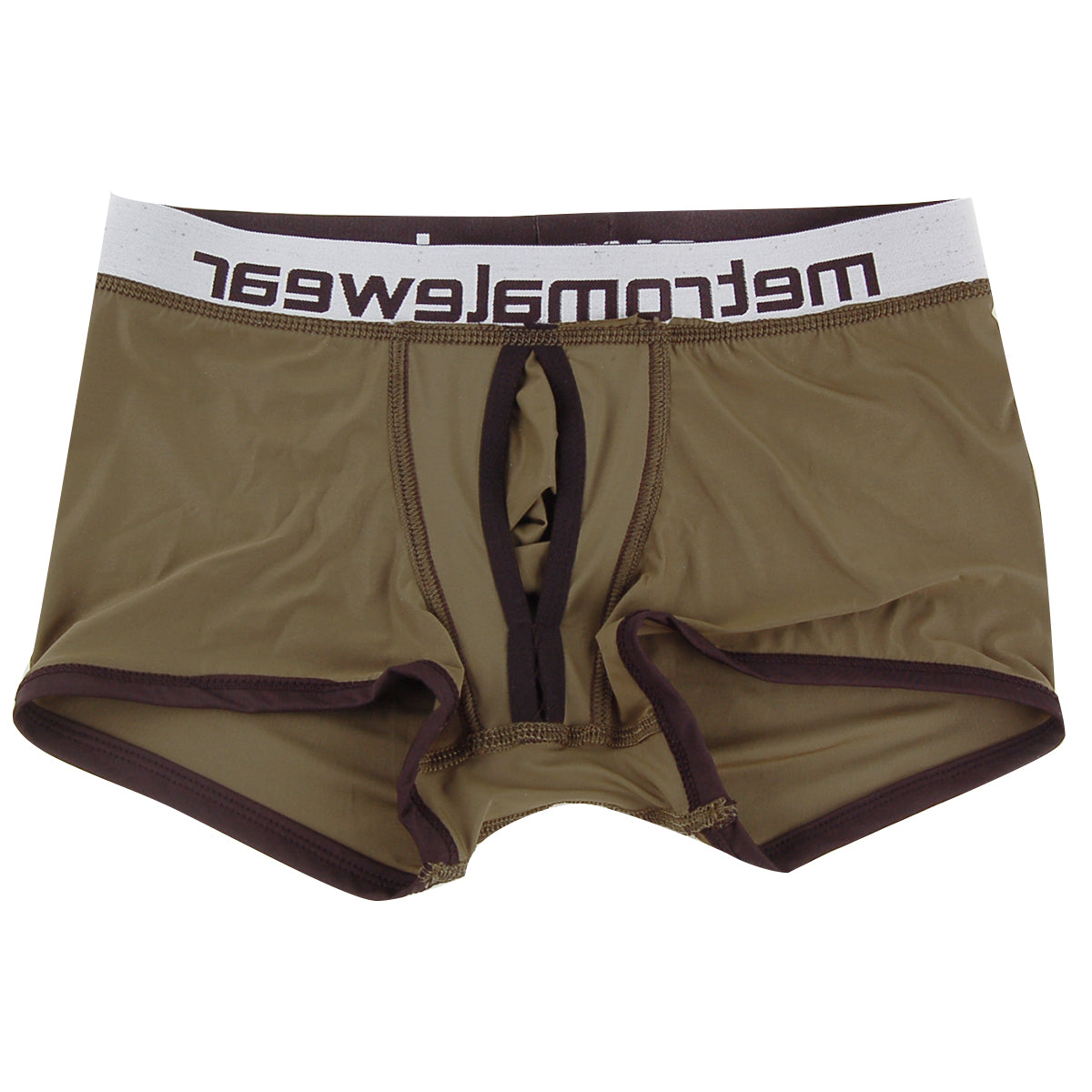 Brown metroMalewear max bulge boxer briefs with white waistband and dark brown logo lettering 1513-26