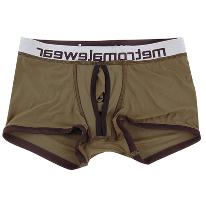 Brown metroMalewear max bulge boxer briefs with white waistband and dark brown logo lettering 1513-26