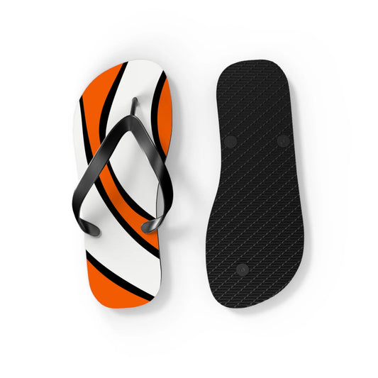 Men's flip-flops by Maris Equi featuring an orange and white clownfish design with black straps and textured sole.