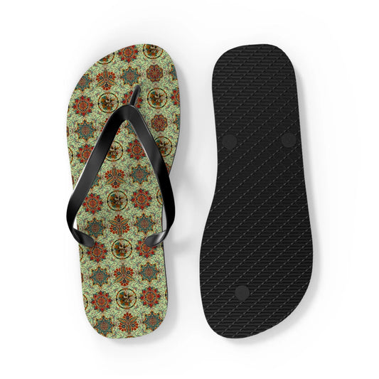 Mosaic patterned flip-flops with black straps and textured black sole by Maris Equi.