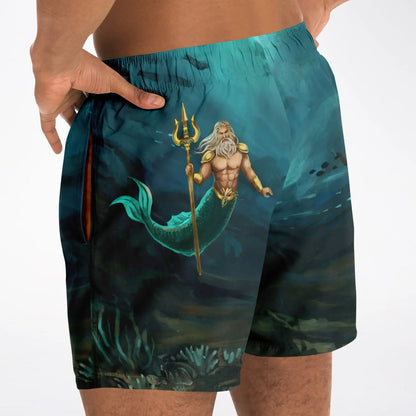 Men's swim shorts by Maris Equi featuring a vibrant underwater design with a merman holding a trident made from lightweight fabric.