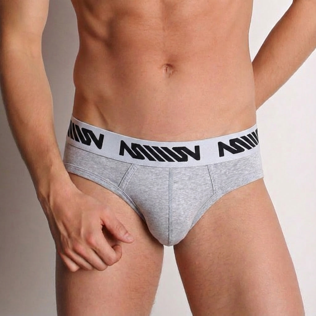 Gray heathered cotton briefs with white elastic waistband and black miiow branding metro male wear basic hip brief