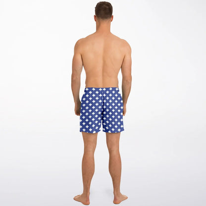 Men's swim shorts in blue with white manta ray pattern made by Maris Equi featuring a comfortable fit and elastic waistband.