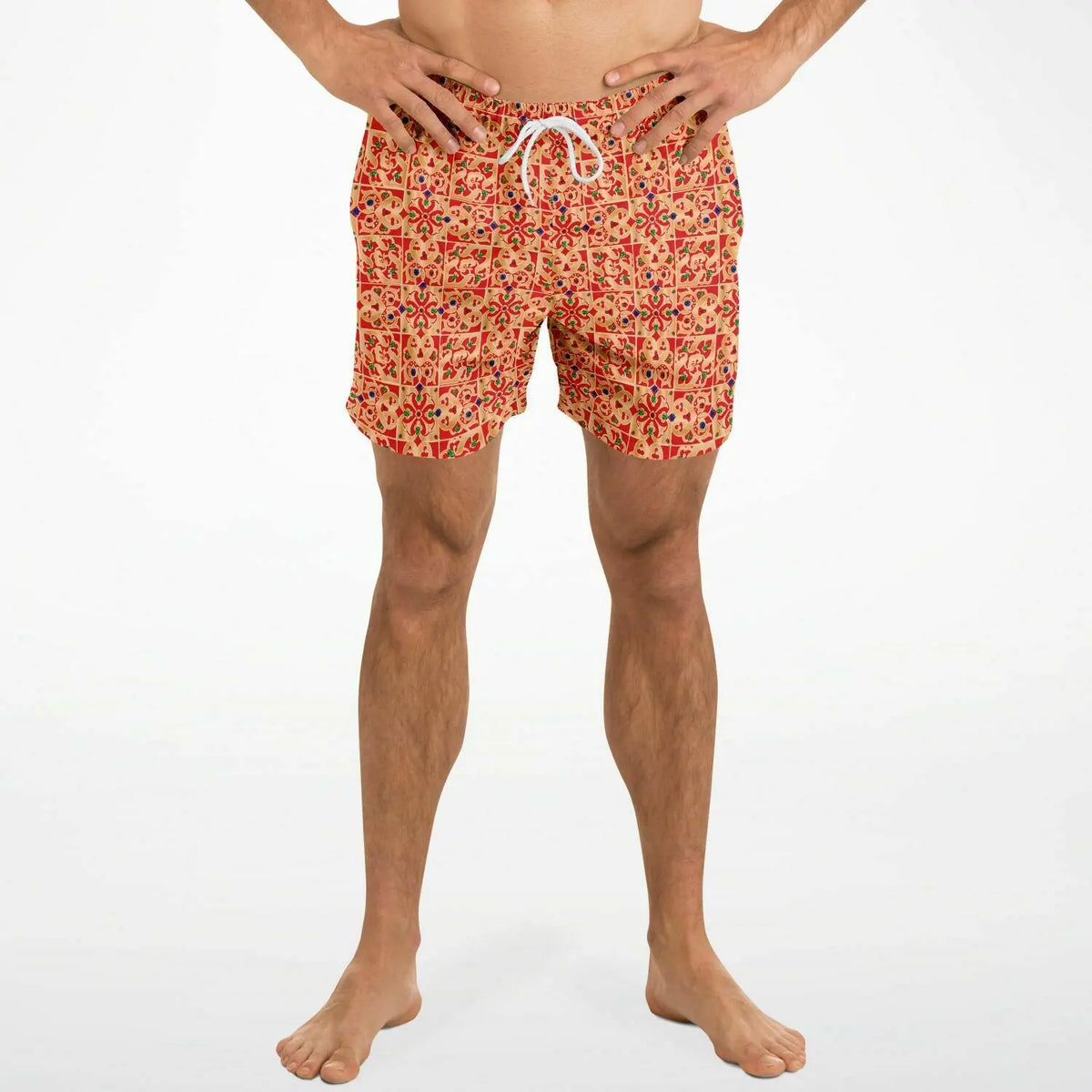 Men's swim shorts in orange with a floral pattern featuring an elastic waistband and drawstring by Maris Equi.