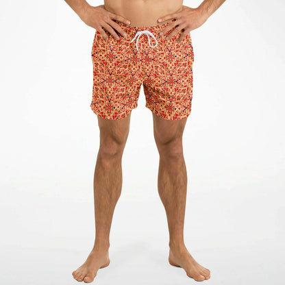 Men's swim shorts in orange with a floral pattern featuring an elastic waistband and drawstring by Maris Equi.