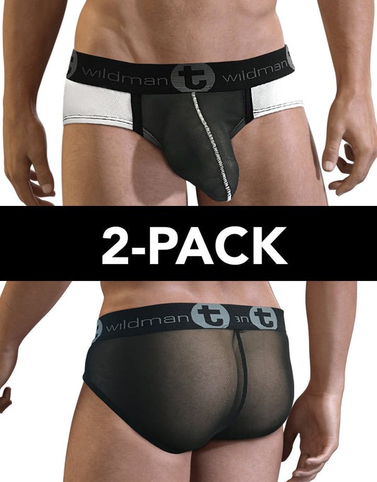 Black and white mesh 2 pack slut big boy pouch briefs with branded wildman elastic waistband