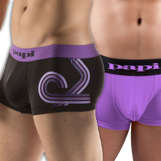 Black and purple papi microfiber boxer briefs with stylized graphic design front in 2 pack size s
