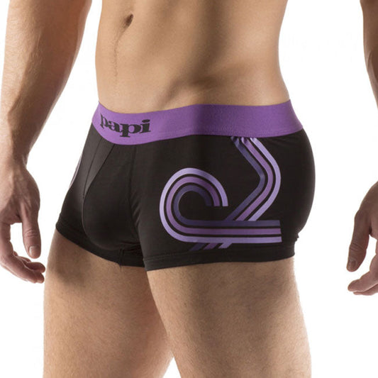 Black microfiber boxer briefs with purple waistband and papi brand, featuring a purple abstract graphic on the side