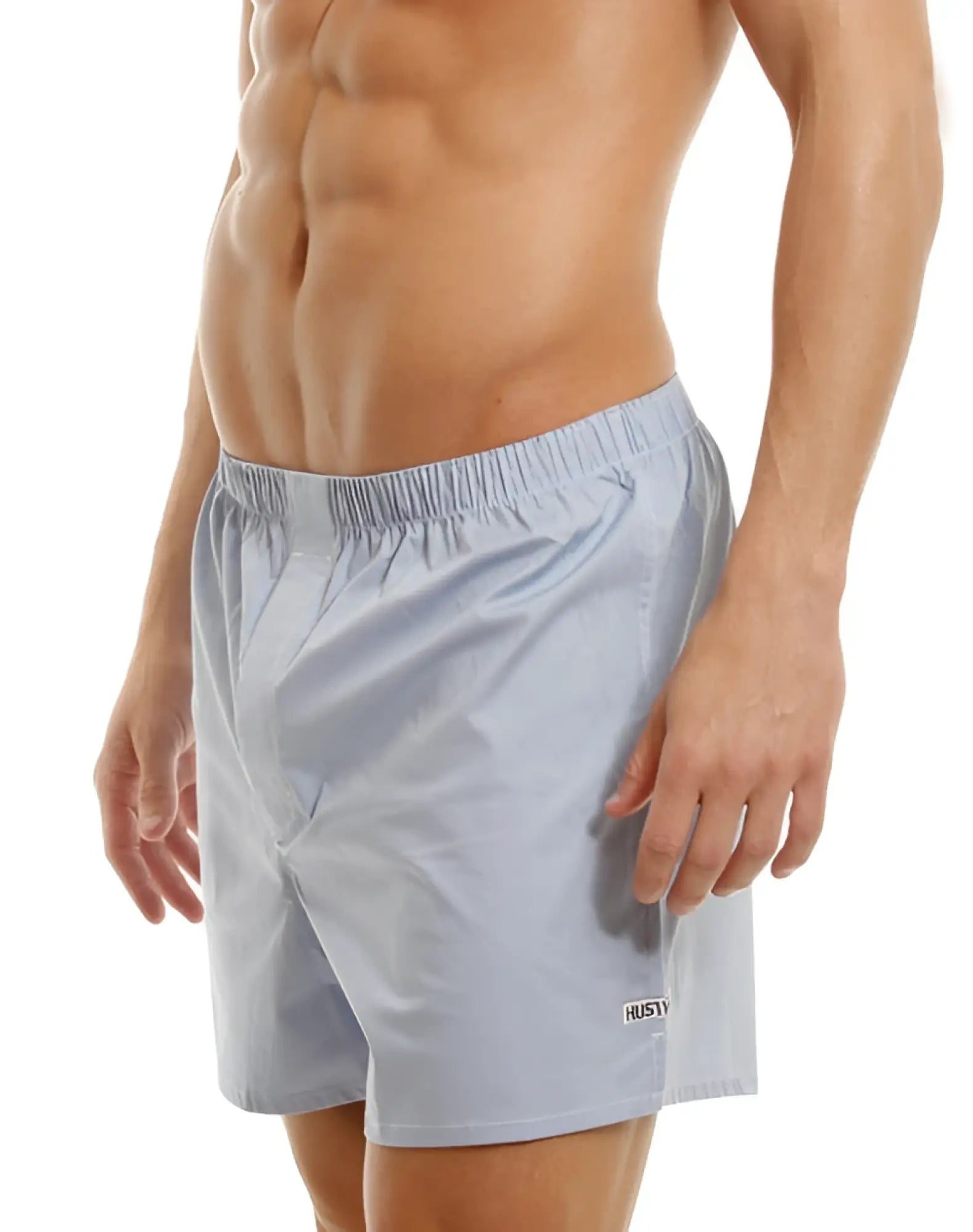Light gray lightweight hustler loose boxer shorts with elastic waistband and brand logo on lower right leg size l