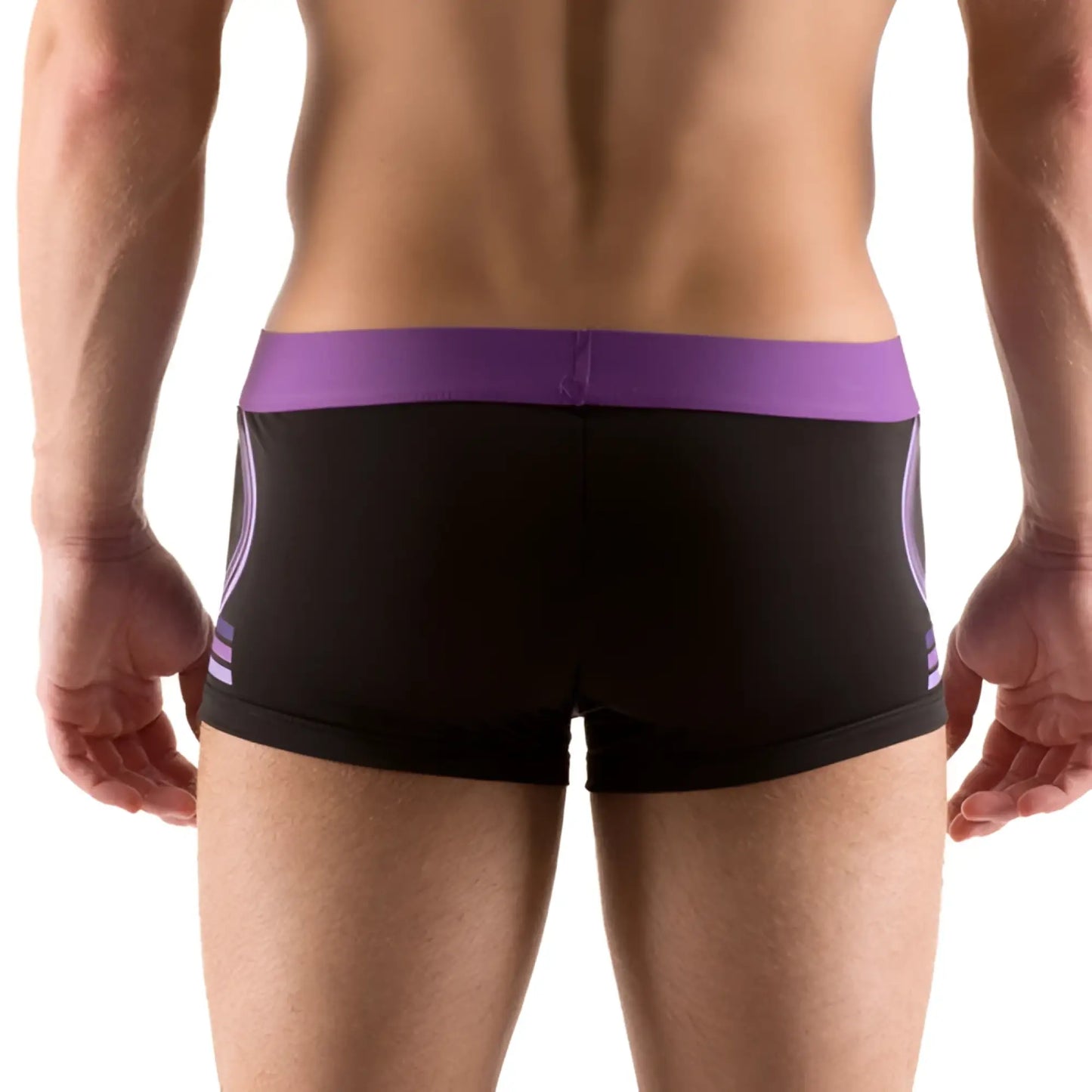Black microfiber athletic briefs with vibrant purple waistband and side stripes from papi brazilian trunk 2 pack size s