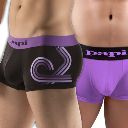 Black and purple papi microfiber boxer briefs with stylized graphic design front in 2 pack size s