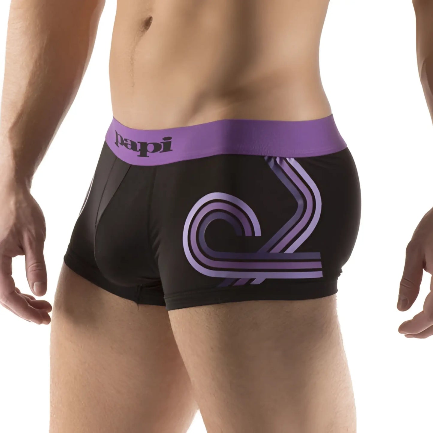 Black microfiber boxer briefs with purple waistband and papi brand, featuring a purple abstract graphic on the side