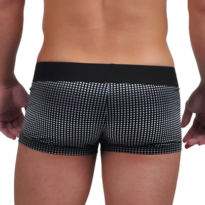 Black and white dotted microfiber boxer briefs with solid black waistband in papi ombre dot solid brazilian trunk design