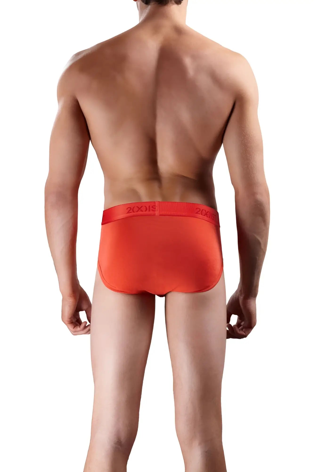 Bright orange 2xist cotton contour pouch briefs with matching elastic waistband and red 20xx logo size s