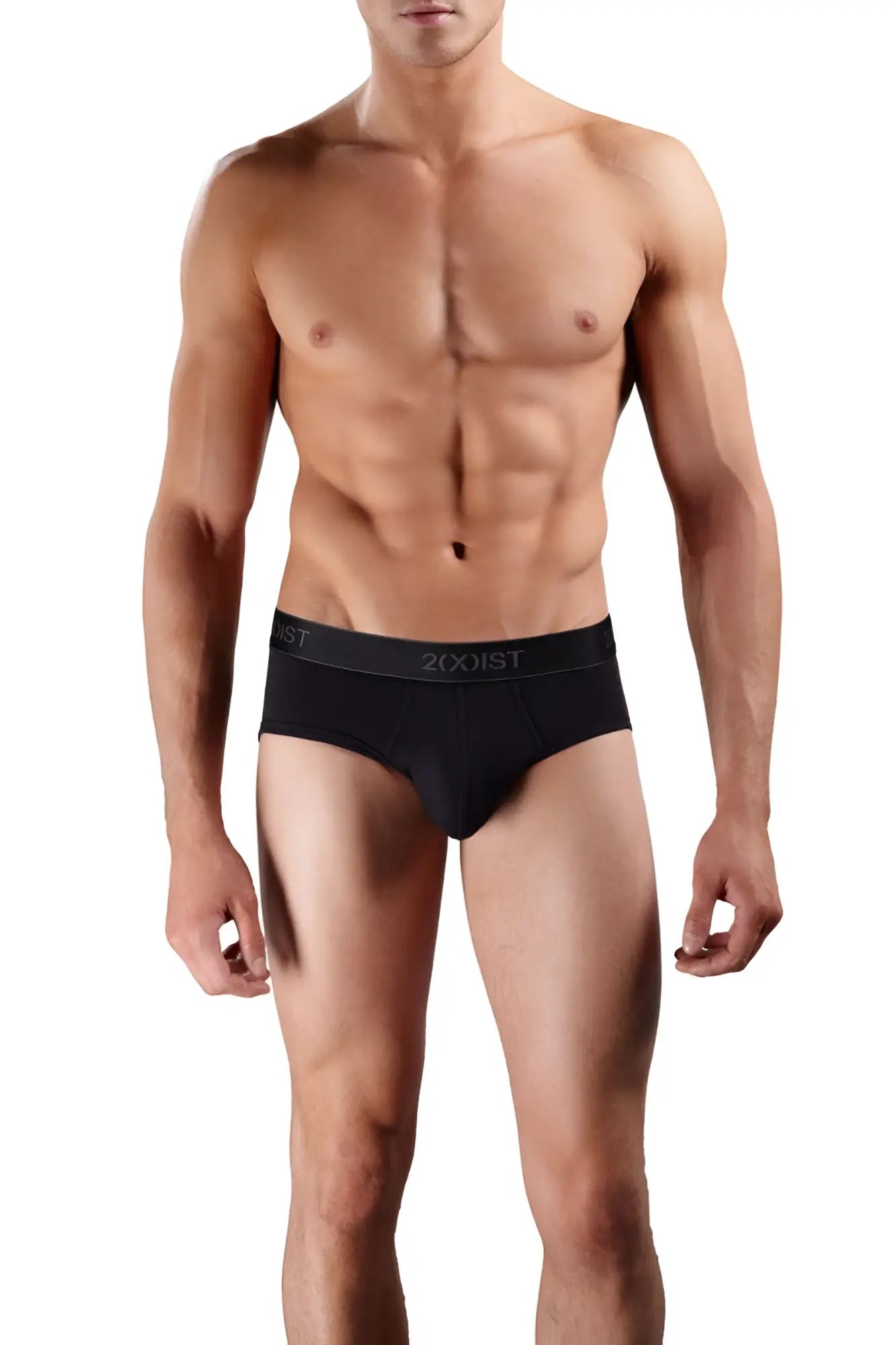 Black 2xist cotton contour pouch briefs in black charcoal and red with sleek form fitting design and white waistband logo