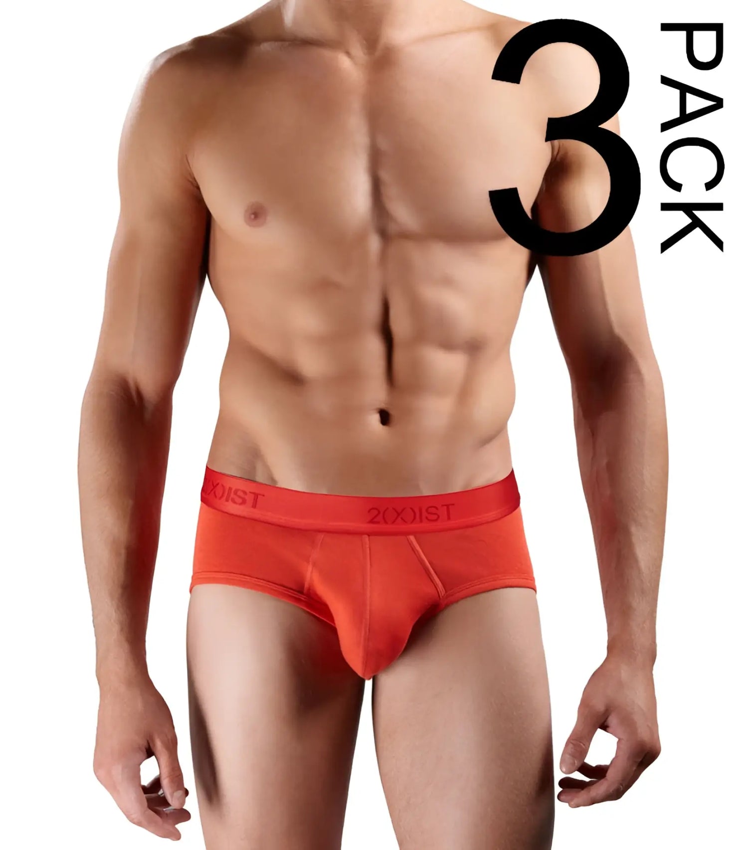 Bright orange 2xist cotton contour pouch briefs with black logo waistband from 3 pack underwear size small