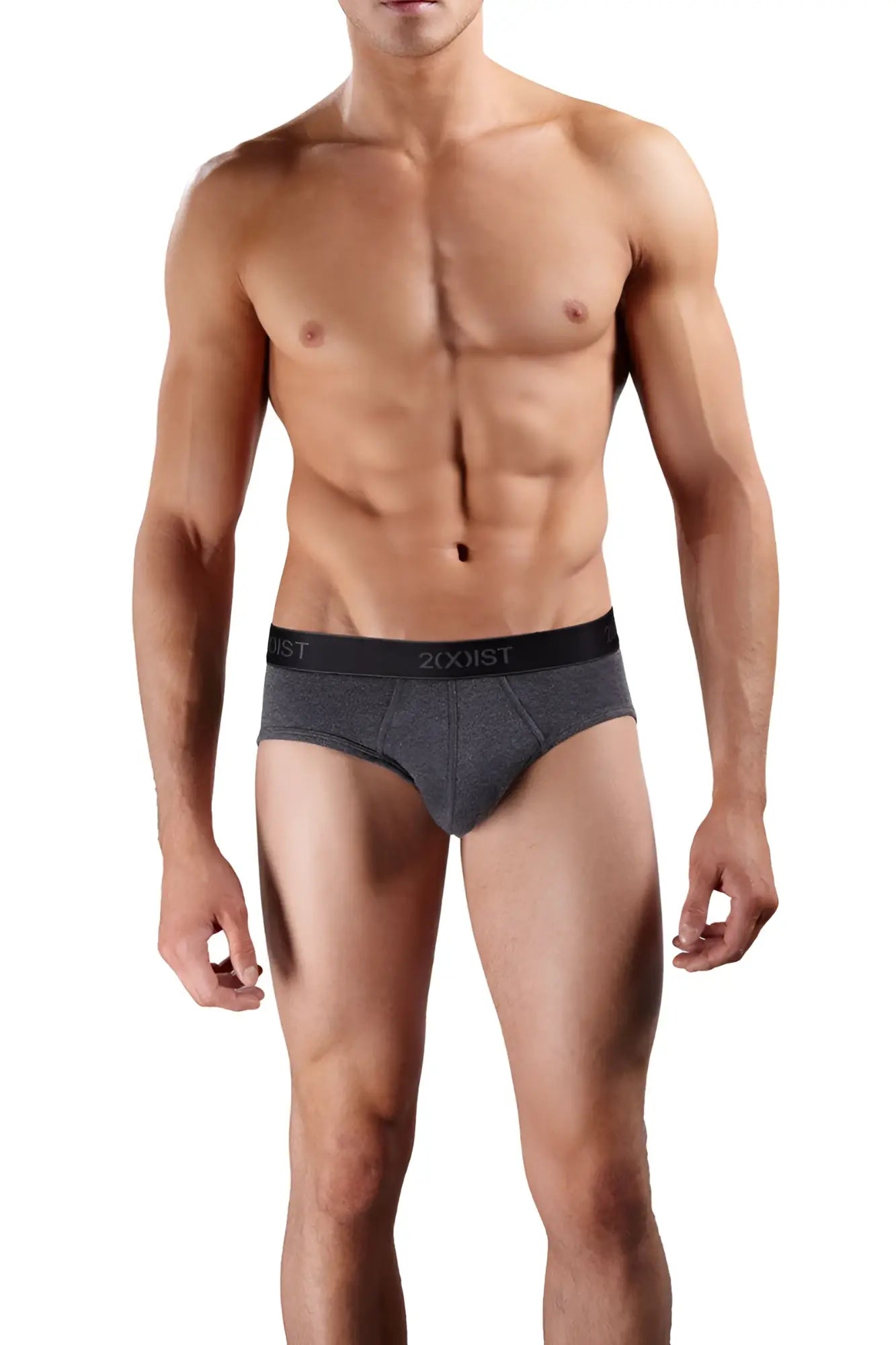 Dark gray cotton contour pouch briefs with black elastic waistband and 2xist logo from 2xist 3 pack underwear size s