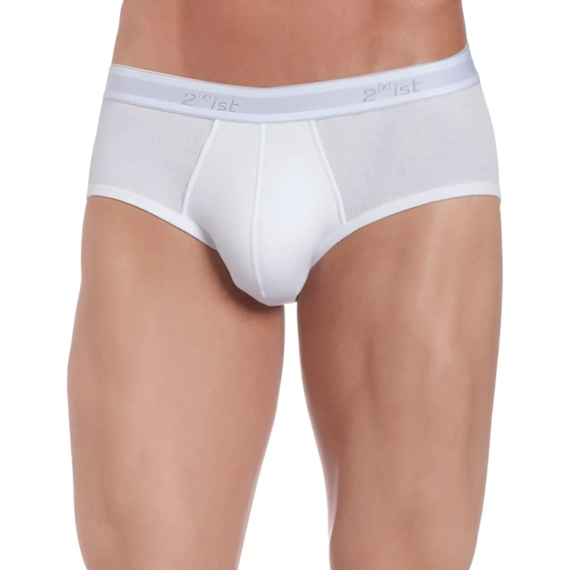White 2xist essential contour pouch briefs with mesh waistband and solid fabric body in size xl
