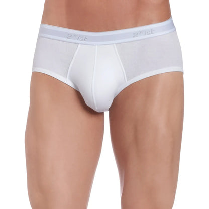 White 2xist essential contour pouch briefs with mesh waistband and solid fabric body in size xl