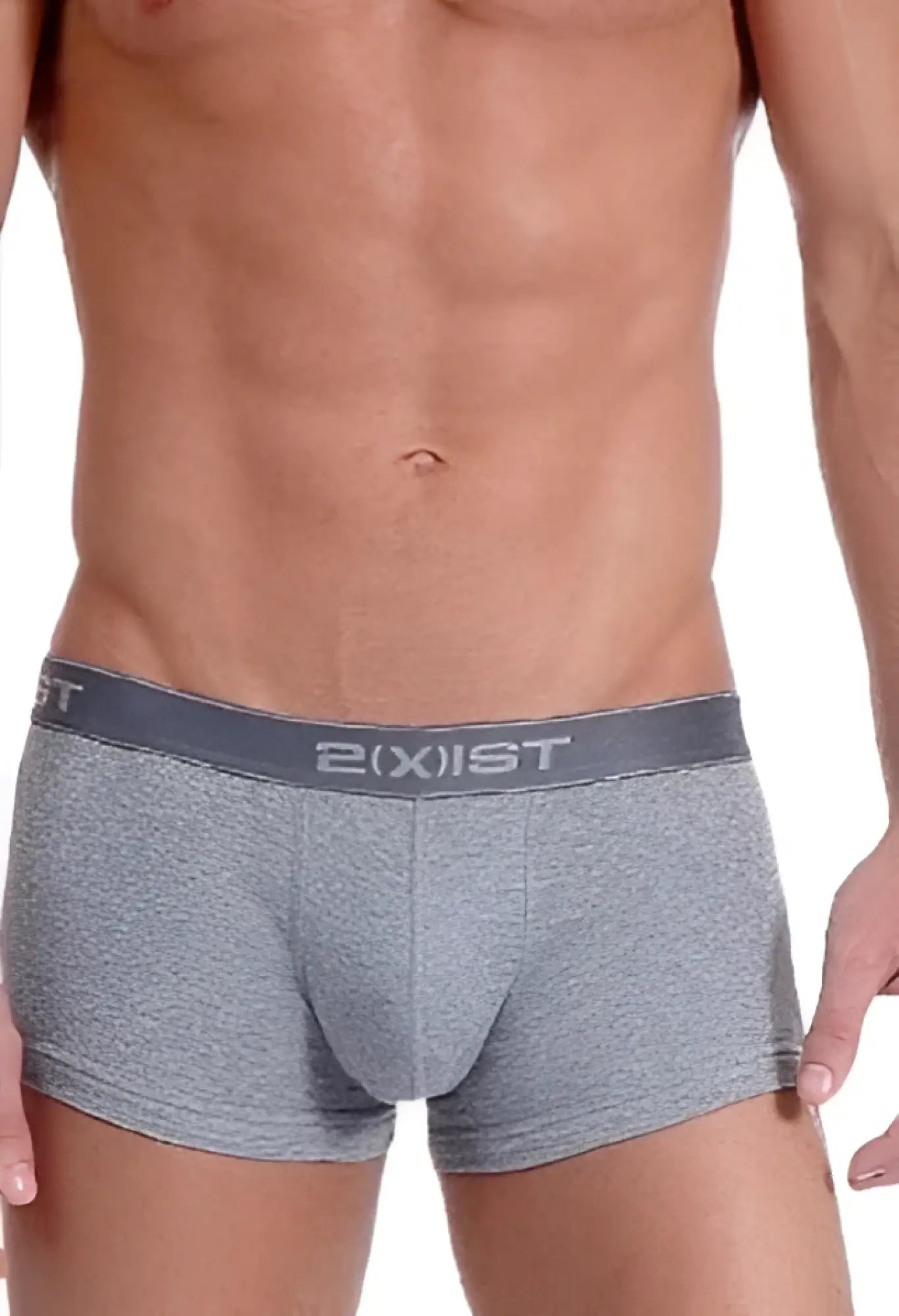 Gray heathered cotton briefs with dark gray waistband and white exist branding 2xist essential no show trunk size m