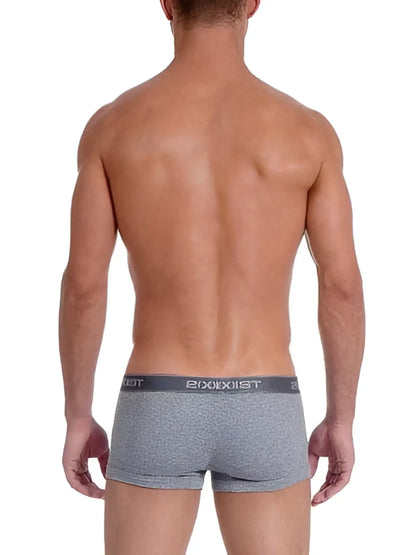 Gray heathered boxer briefs with dark gray waistband and booxist branding from 2xist essential no show trunk underwear size m
