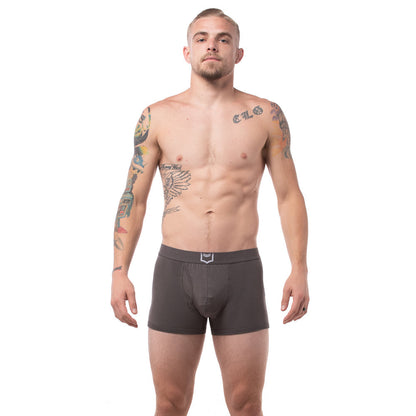 Dark gray men’s sheath 2.1 dual pouch trunks boxer briefs with subtle white logo on waistband 3 pack bundle