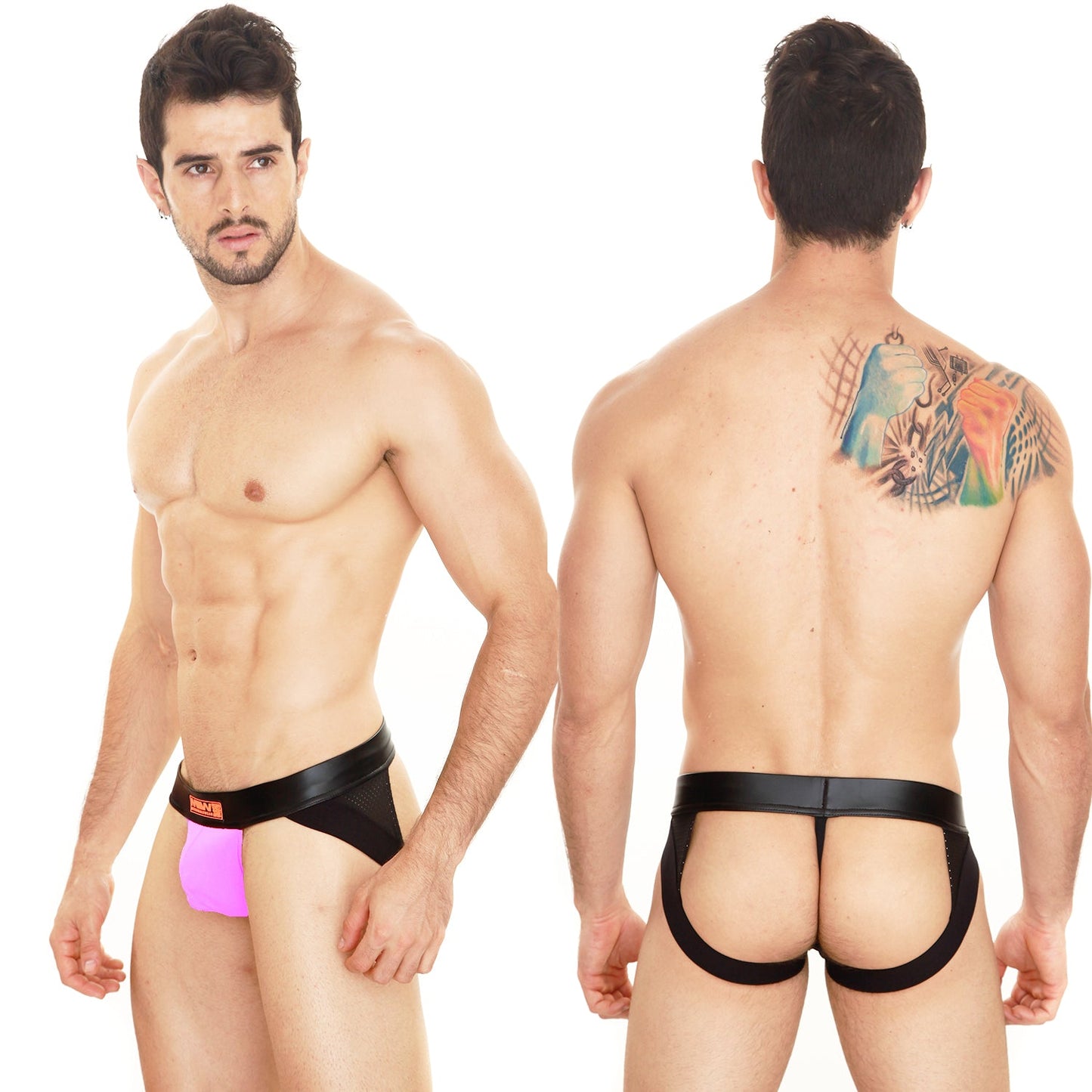 Black and pink MetroMaleWear super jock strap briefs with a black waistband and orange logo front view